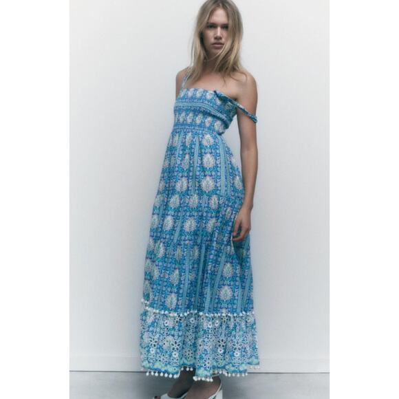 ZARA Long Printed Dress Floral Embroidered Square Neck Smocked Ruffle Maxi, Blue - Picture 6 of 16